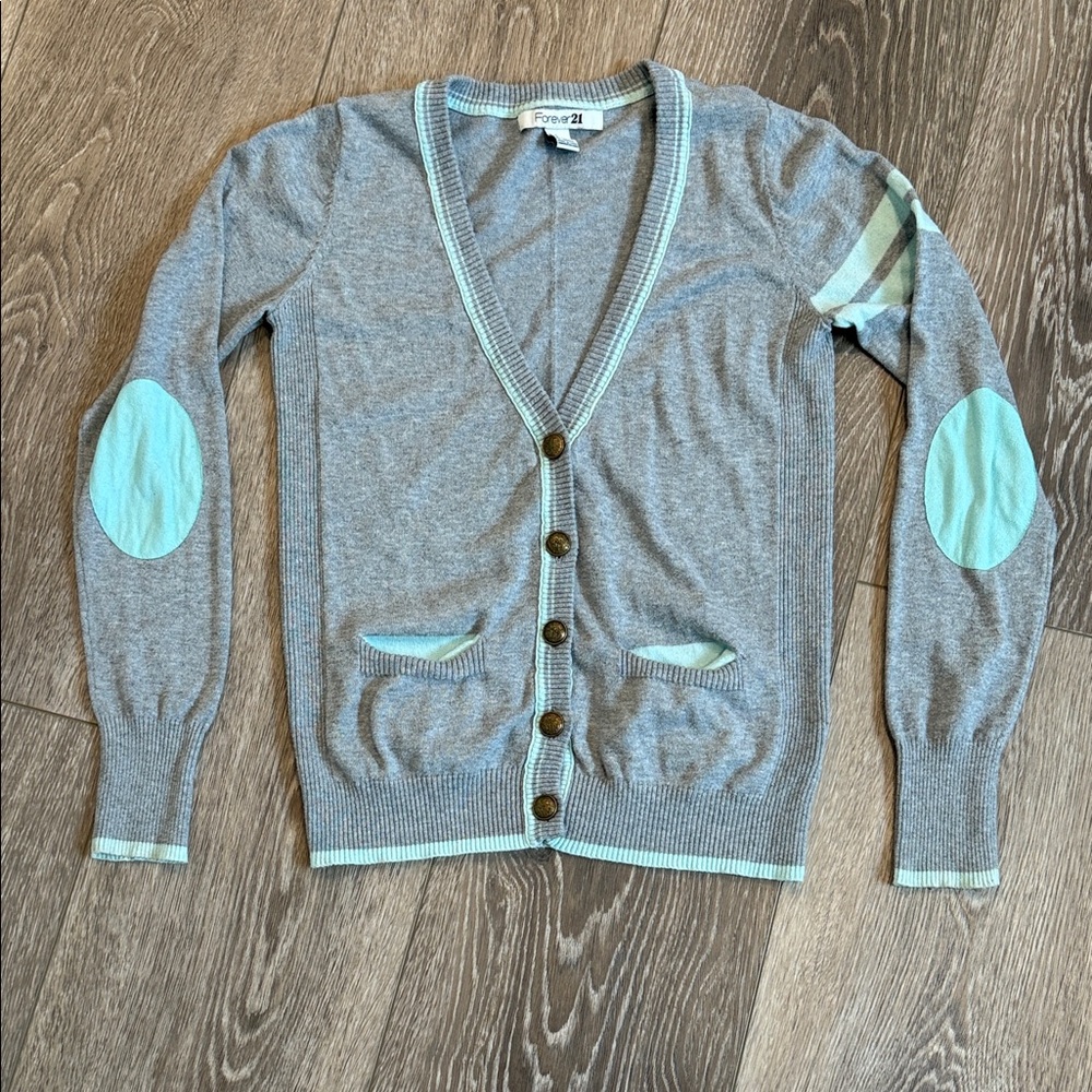 Forever 21 Heather Gray Cardigan with Light Green Accents